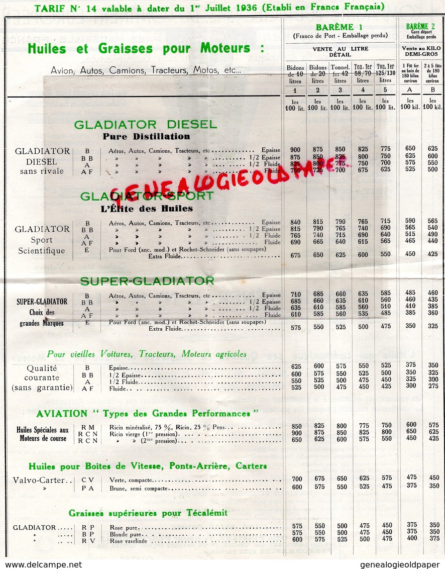13- SALON DE PROVENCE-RARE TARIF  GLADIATOR-COMPAGNIE LUBRICIFORME CONTINENT EUROPEEN-HUILES GRAISSES AUTOMOBILES-1937 - Automovilismo