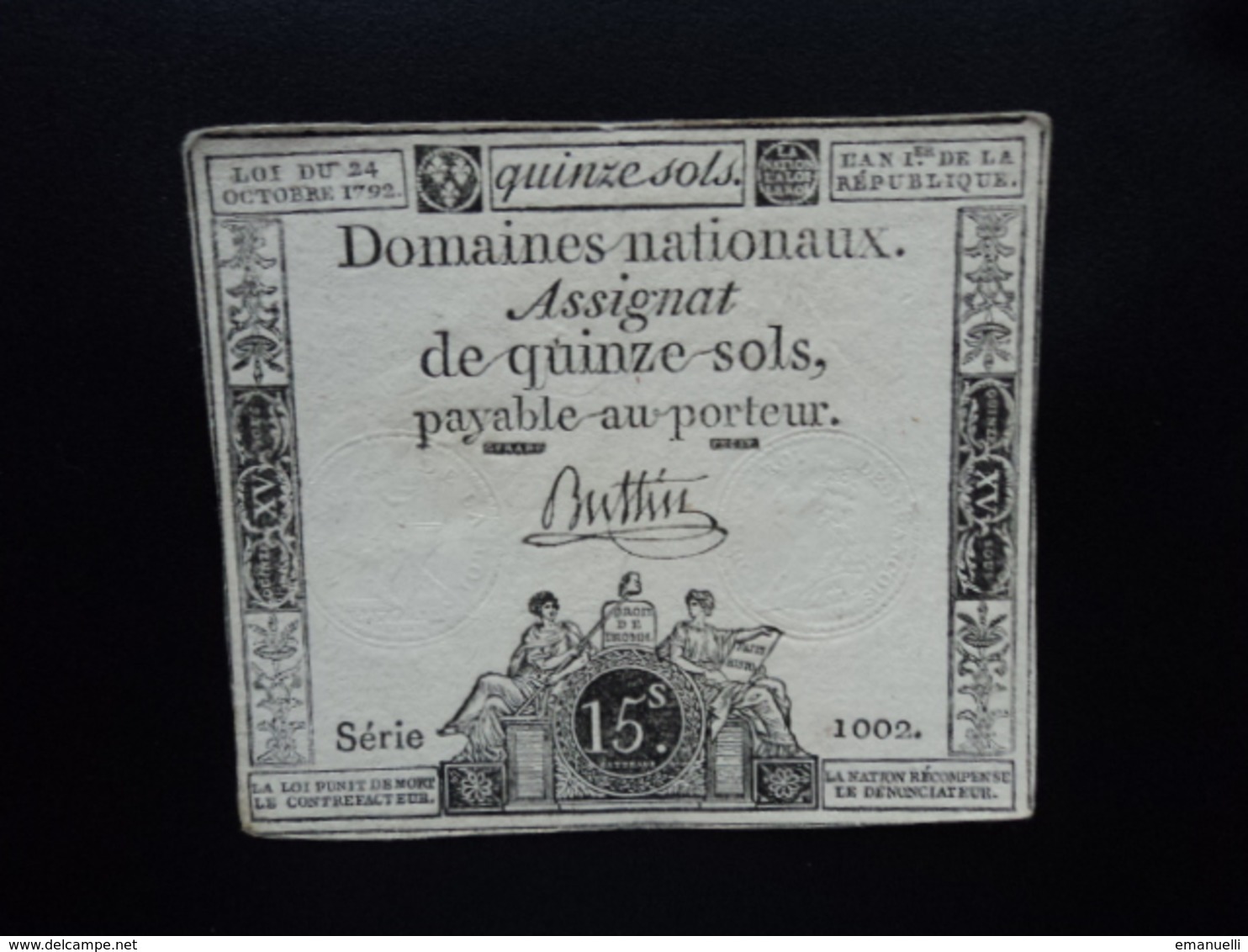 FRANCE : DOMAINES NATIONAUX : ASSIGNAT DE QUINZE SOLS  LOI 24.10.1792 *  P A65   TTB+ - Assignats