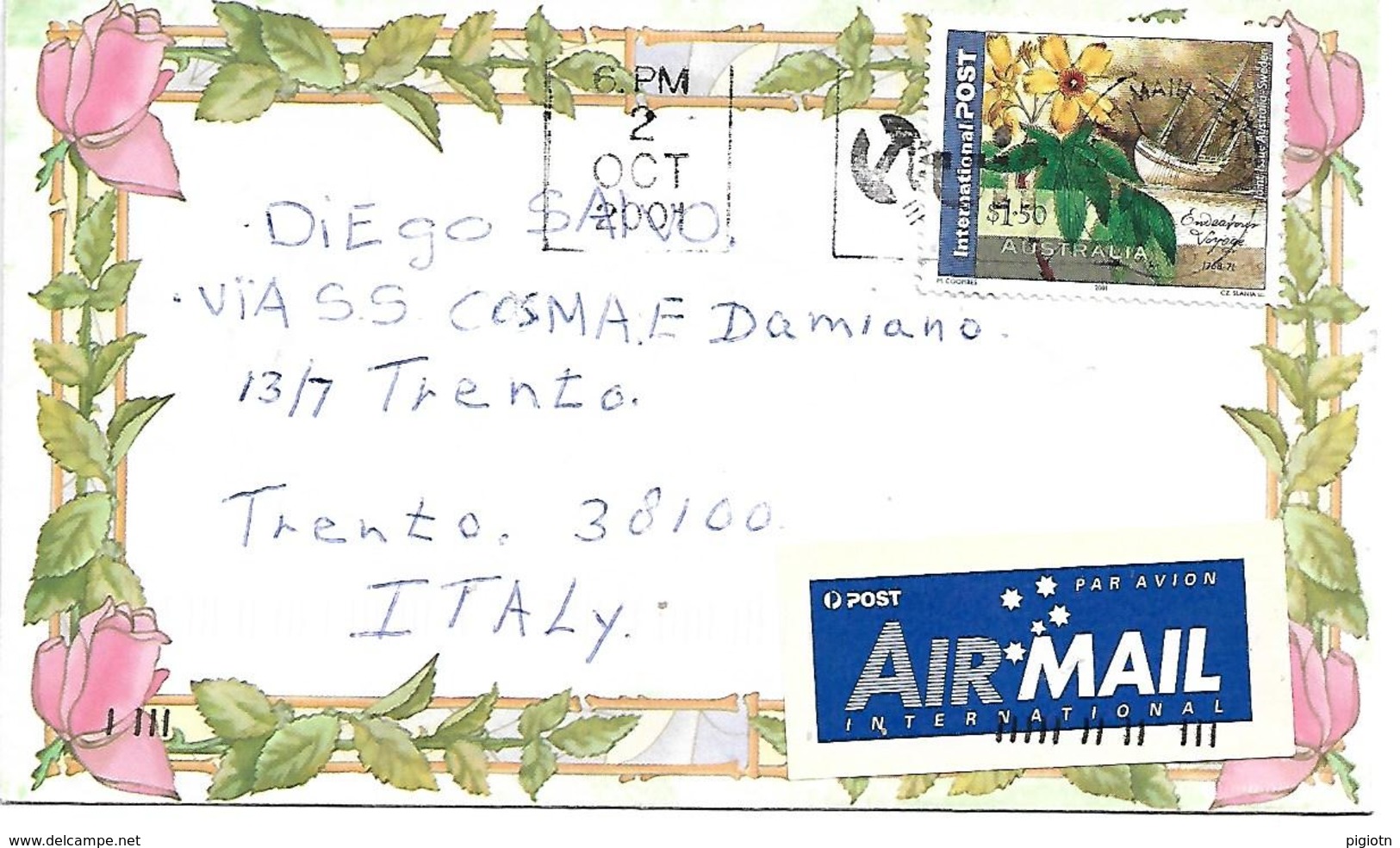 AUS009 - AUSTRALIA -LETTERA DA THORNLIE A TRENTO 2.10.2001 - N. 1975 CAT. YVERT - Storia Postale