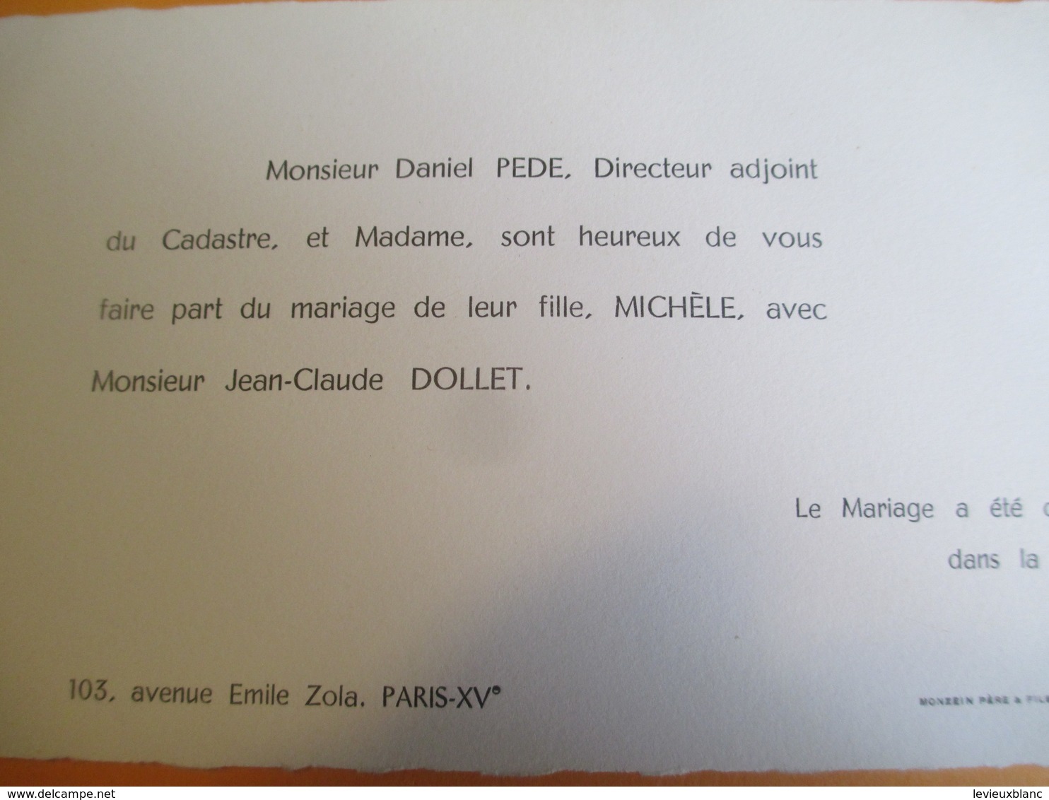 Mariage / Michéle PEDE - Jean-Claude DOLLET/Av Emile ZOLA , Rue Henri MONNIER/ PARIS/1961         FPM41 - Annunci Di Nozze