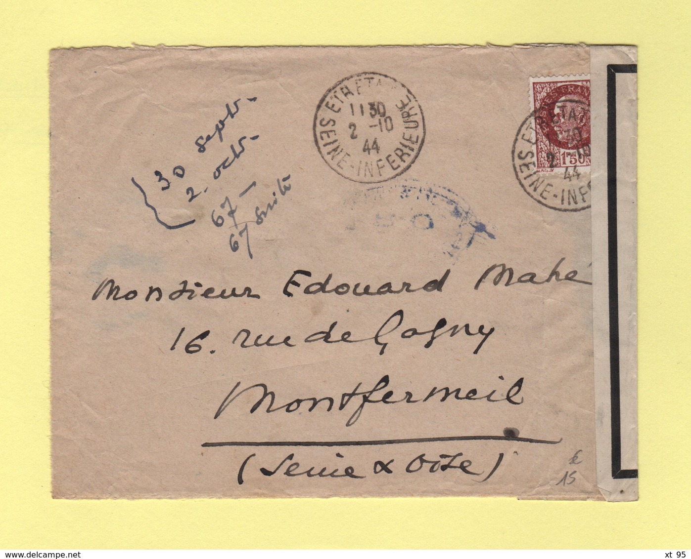 Etretat - Seine Inferieure - Lettre Avec Censure RO - 2-10-1944 - Guerre De 1939-45