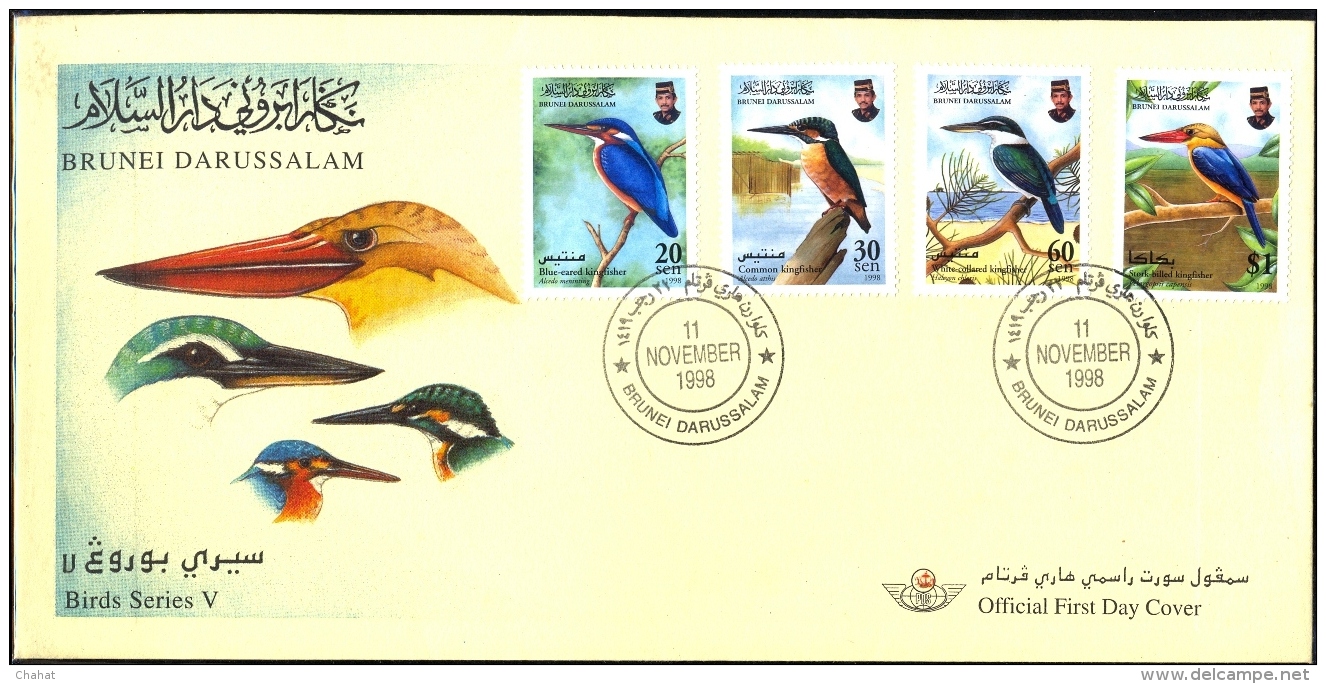 BIRDS SERIES V-KINGFISHERS-BRUNEI-FDC-1998-SCARCE-BX1-376 - Climbing Birds