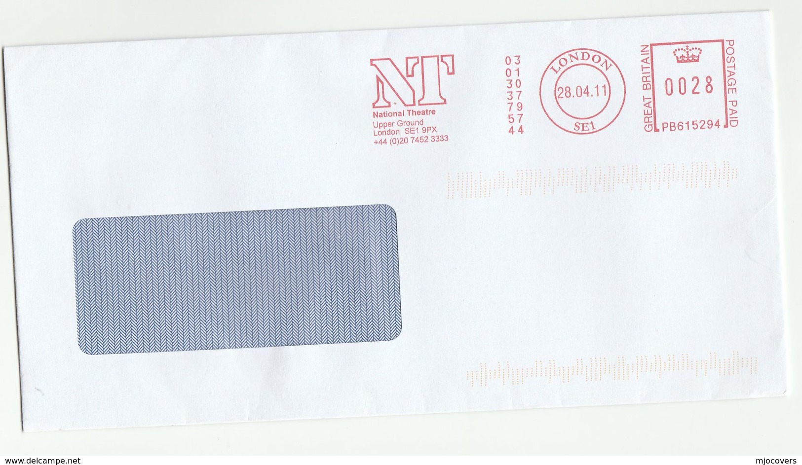 2011 GB COVER NATIONAL THEATRE London METER SLOGAN Stamps - Theatre