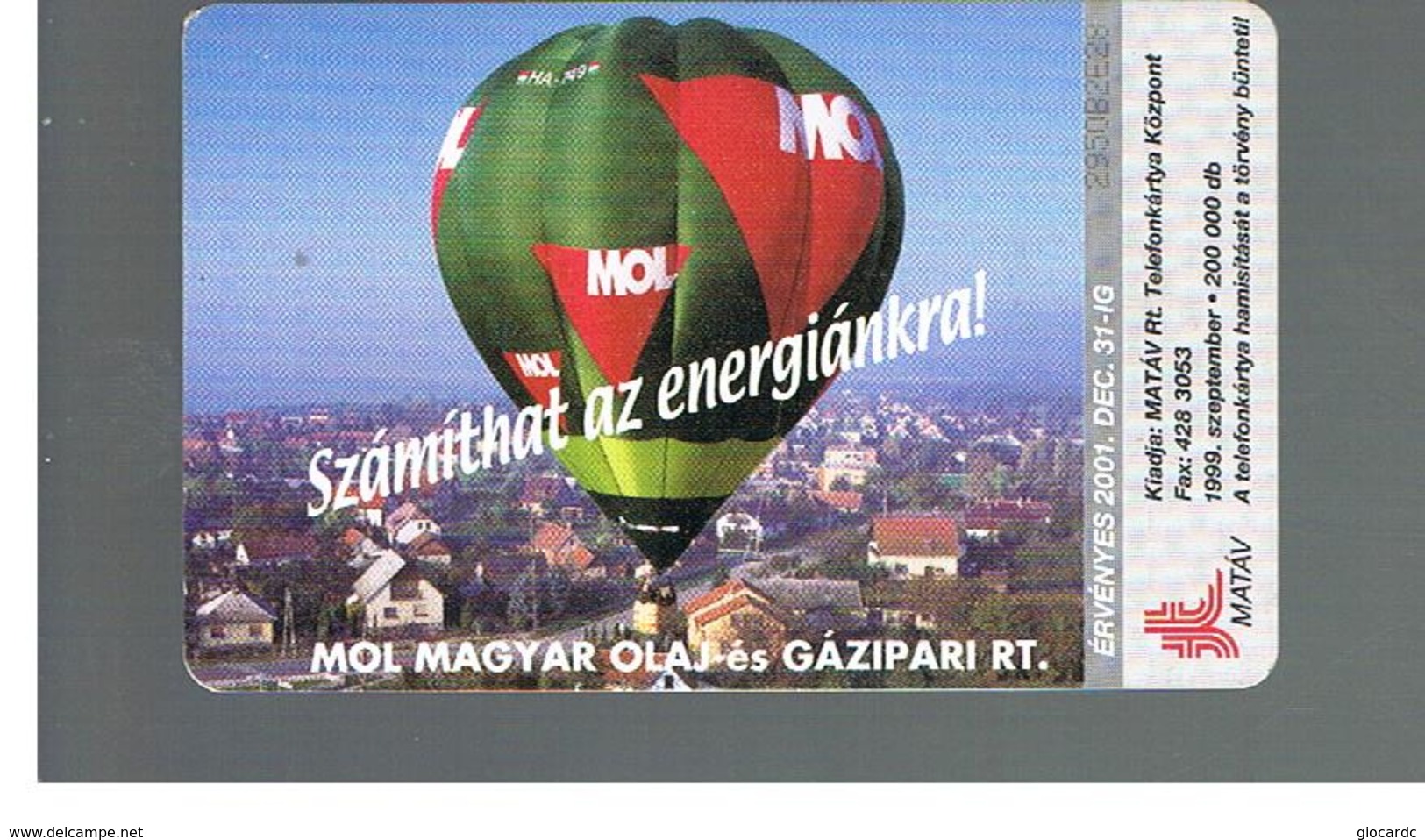 UNGHERIA (HUNGARY) -  1999 MOL  BALLOON   - USED - RIF. 10121 - Avions