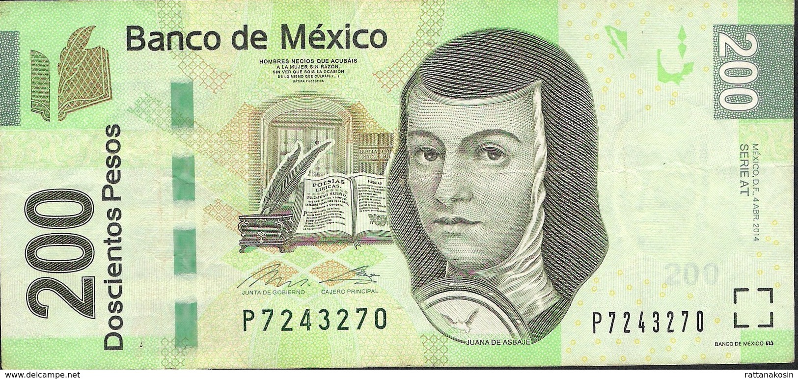 MEXICO P125n 200 PESOS  4.4.2014  Serie AT  VF 2 P.h. - Mexico