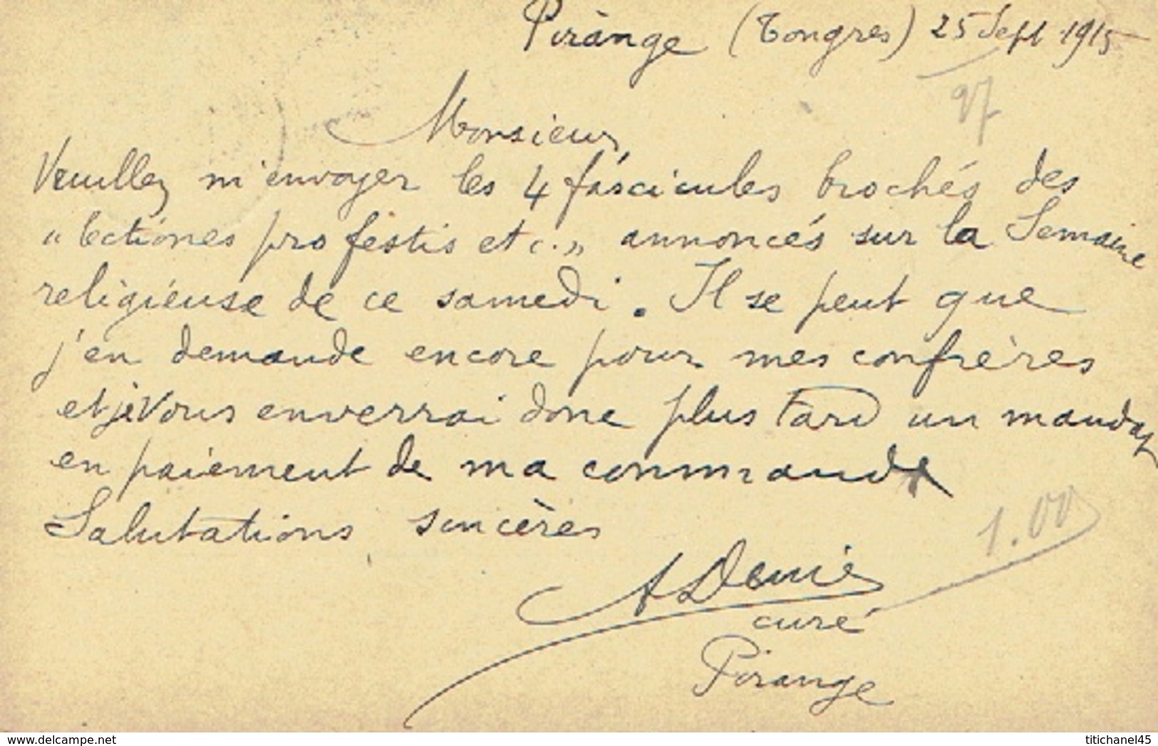 Entier Germania PIRANGE Via TONGEREN 1915 Vers LIEGE - Censure "GEPRÜFT" En Rouge - Signé Abbé DENIS A.  à  PIRANGE - OC1/25 Generalgouvernement 