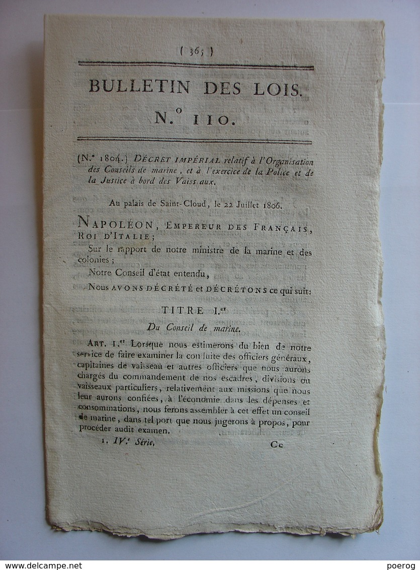 BULLETIN DES LOIS 1806 - MARINE ORGANISATION A BORD GENDARMERIE HORAIRES DE NUIT AUTORISES POUR ENTRER DANS LES MAISONS - Decretos & Leyes