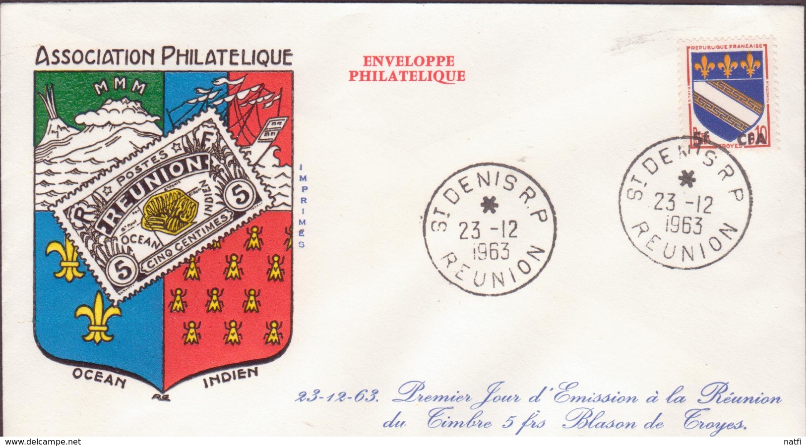 ENVELOPPE TIMBRE CFA   1963 ST DENIS  RP  1er JOUR EMISSION DU TIMBRE 5FRS BLASON TROYES - Lettres & Documents