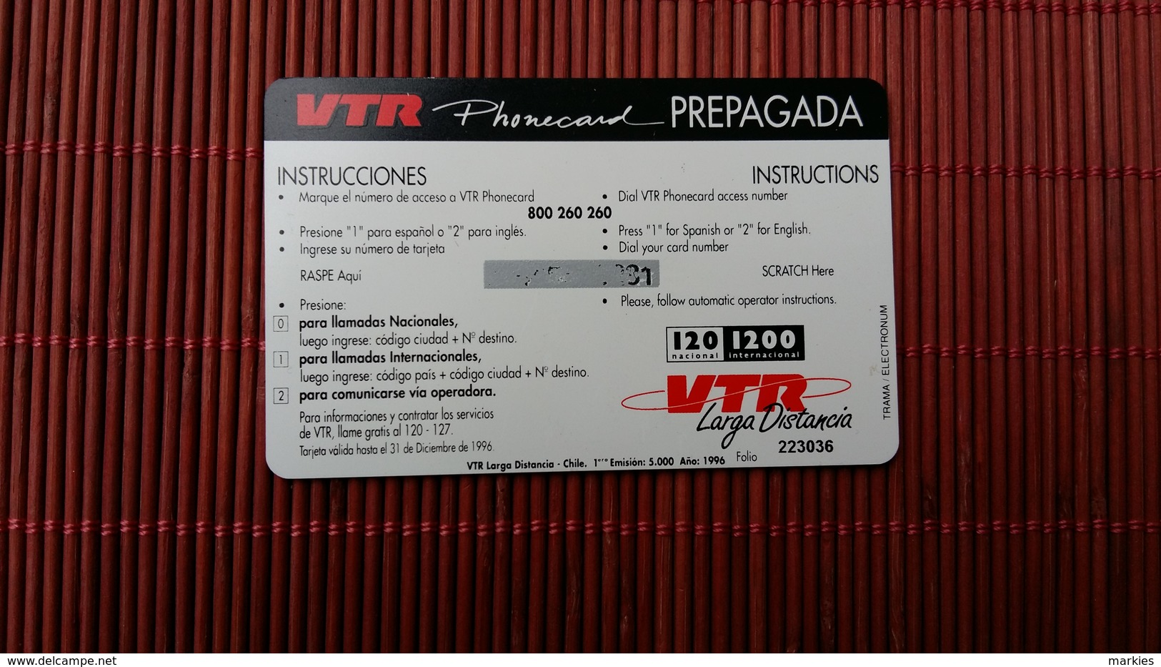 CHILE VTR Prepaid Card $3000 (Mint,Neuve)  2 Scans Rare - Chili