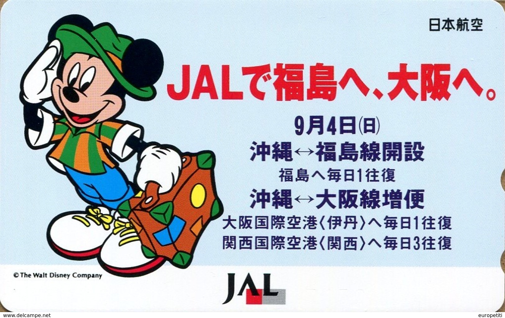 Japan - Japanese Phonecard DISNEY.  Télécarte DISNEY Du Japon.   JAL  "Mickey". - Disney