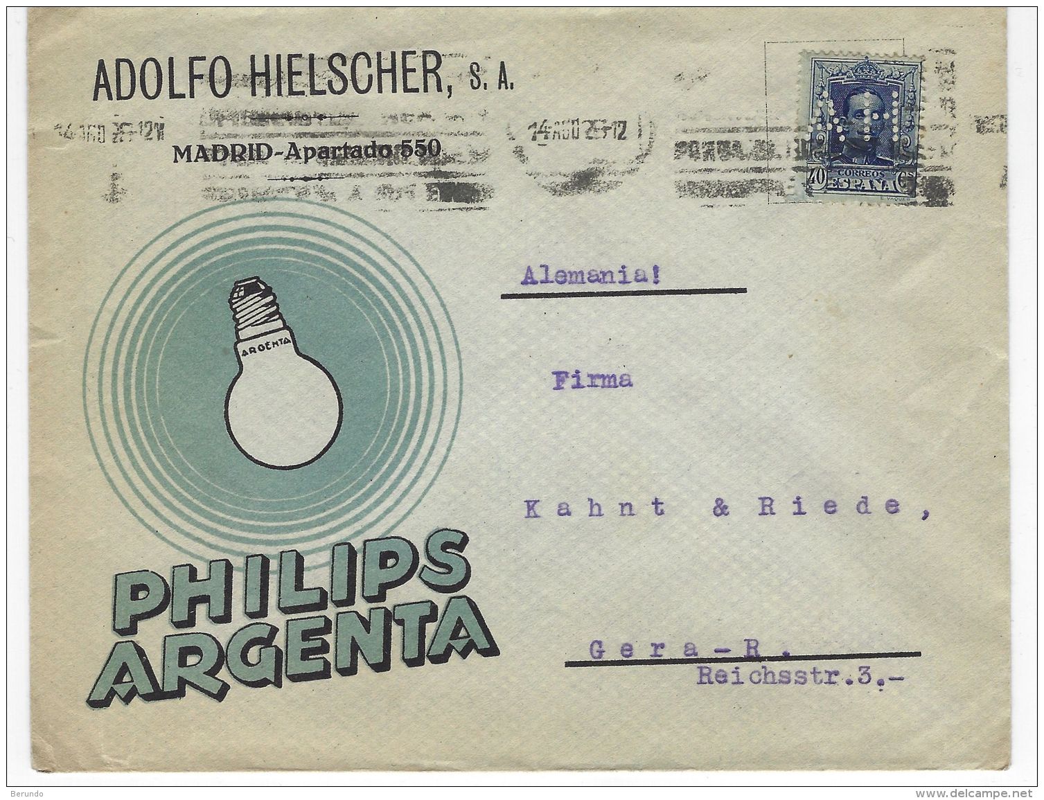 SPAIN  -  PHILIPS - Advertising Cover Madrid To Gera - Germany, 14.8.1926, Michel # 292 With Perfin "A H "   - 3530 - Briefe U. Dokumente