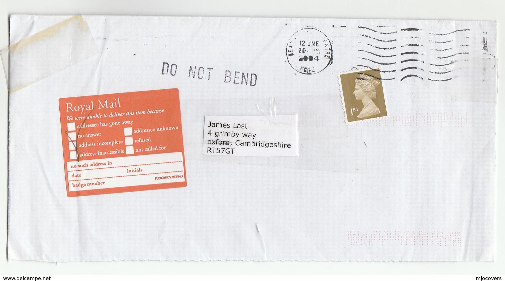 2004 Reading GB COVER With 'ADDRESS INCOMPLETE' LABEL Returned To Sender , Stamps - Lettres & Documents