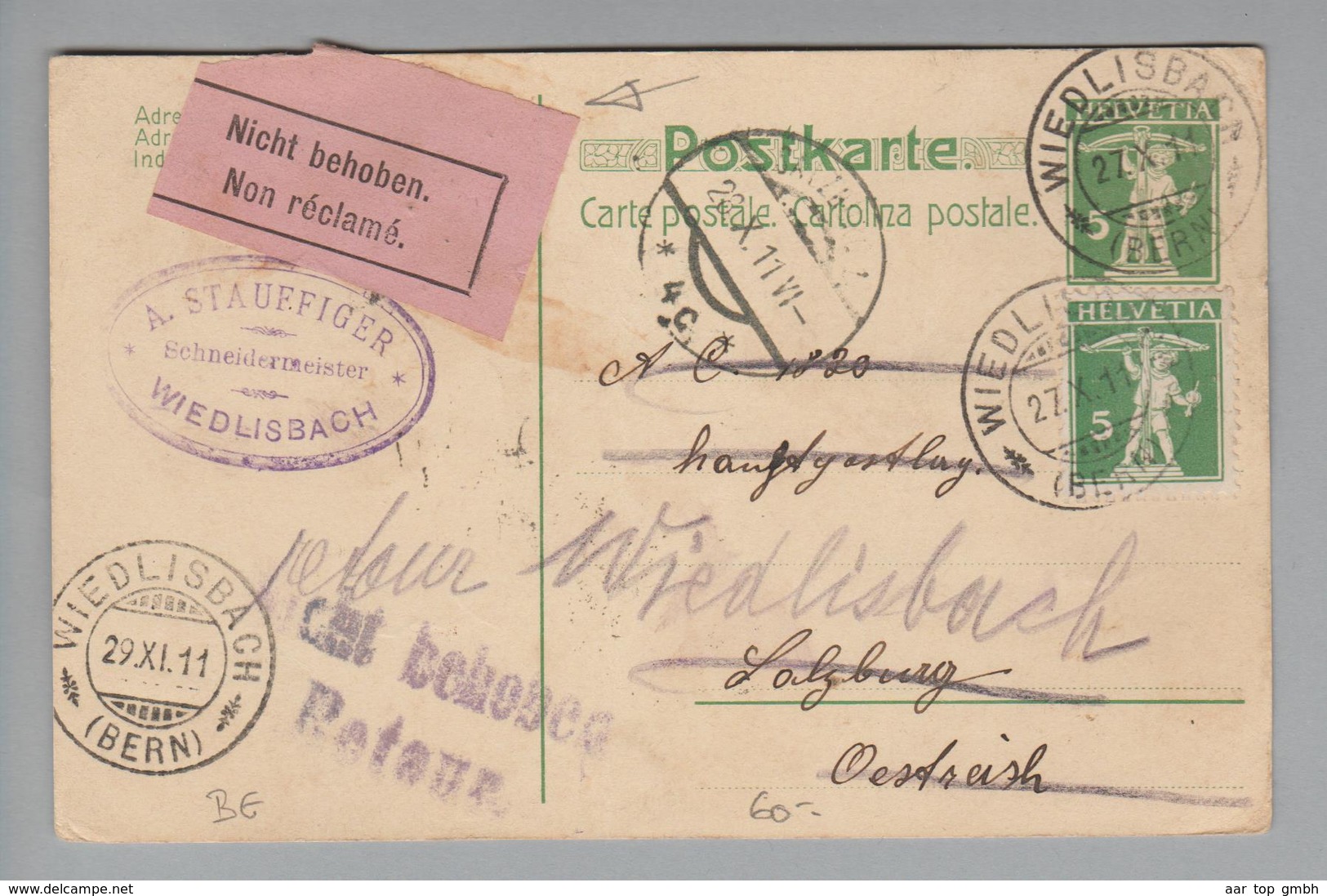 Heimat CH BE Wiedlisbach 1911-10-27 Ganzsache Nach Salzburg Nicht Behoben, Zurück - Covers & Documents