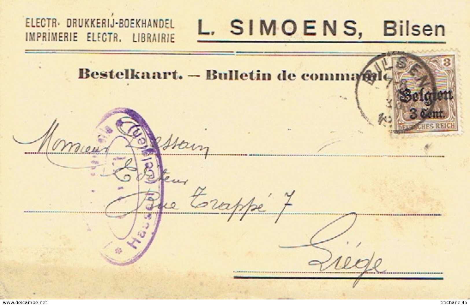 Postkaart Publicitaire BILSEN 1917 - L. SIMOENS - Drukkerij-Boekhandel - Germania Censure HASSELT - Bilzen