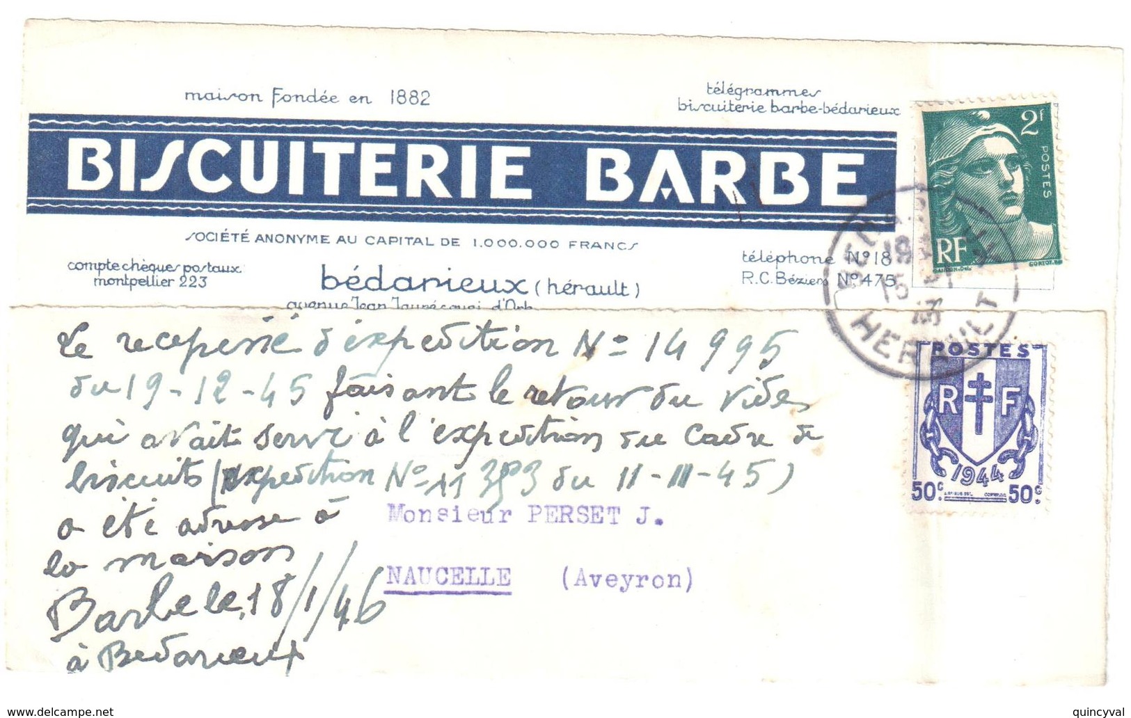 4459 BEDARIEUX Hérault Assimilé Facture Entête BISCUITERIE BARBE 2F Gandon 50c Chaînes Brisées Yv 713 673 Ob 15 1 1946 - Storia Postale