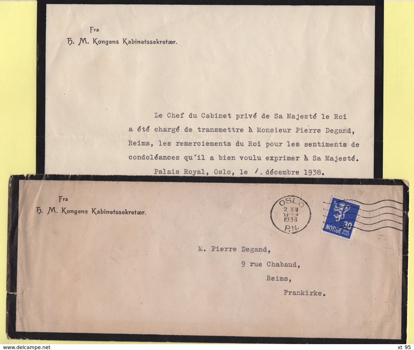 Lettre De Remerciement Pour Les Condoléances - 1938 - Cabinet Du Roi - Oslo - Storia Postale