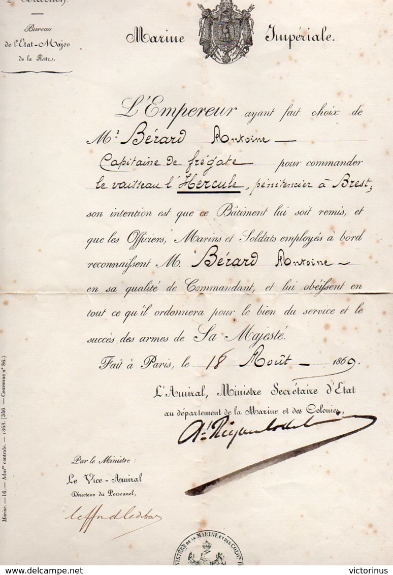 MARINE IMPERIALE - Nomination Mr BERARD Antoine - Commandant Le Vaisseau L'HERCULE  Pénitencier à BREST - Août 1969 - Bateaux