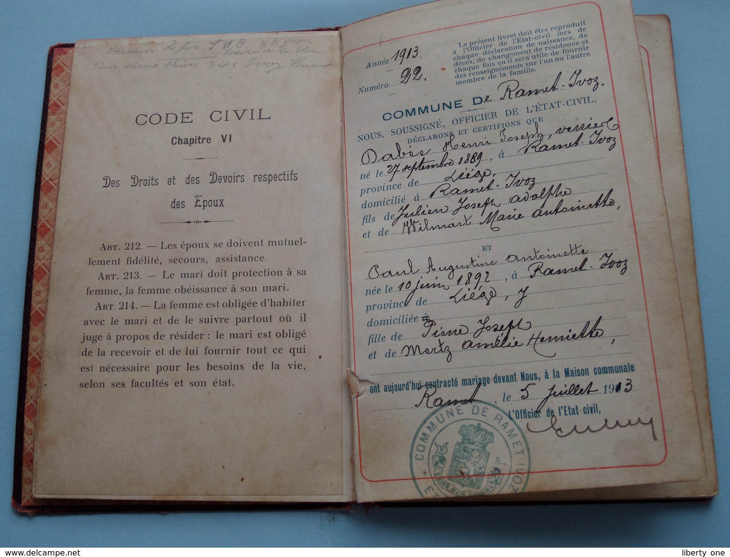 Commune De RAMET-IVOZ Carnet De MARIAGE De Dabée Henri & Paul Augustine Antoinette 5/7/1913 ( Details See Photo ) !! - Unclassified