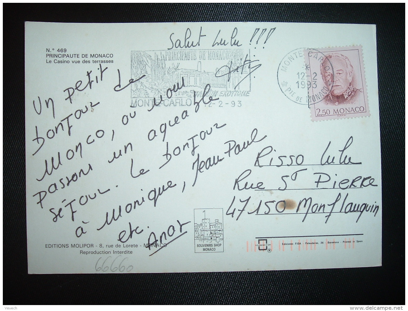 CP Pour FRANCE TP RAINIER 2,50 OBL.MEC.12-2-1993 MONTE-CARLO - Cartas & Documentos