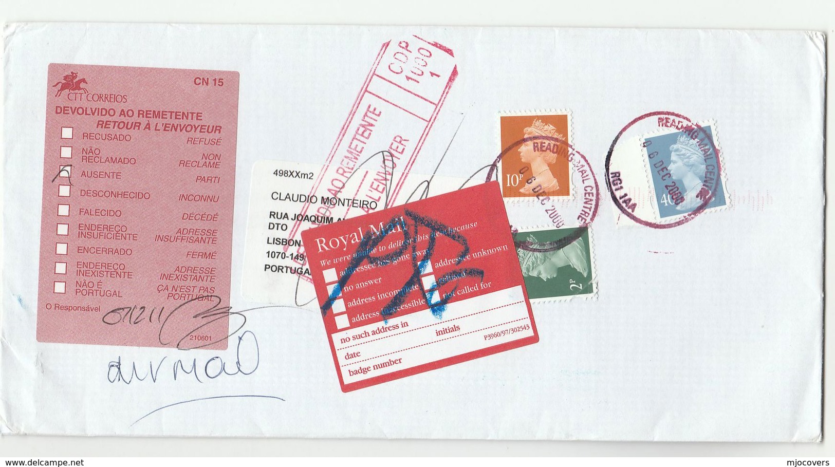 2000 GB COVER  To Lisbon PORTUGUESE POST LABEL AUSENTE UNDELIVERED  Returned To Sender GB POST Reading Stamps Portugal - Covers & Documents