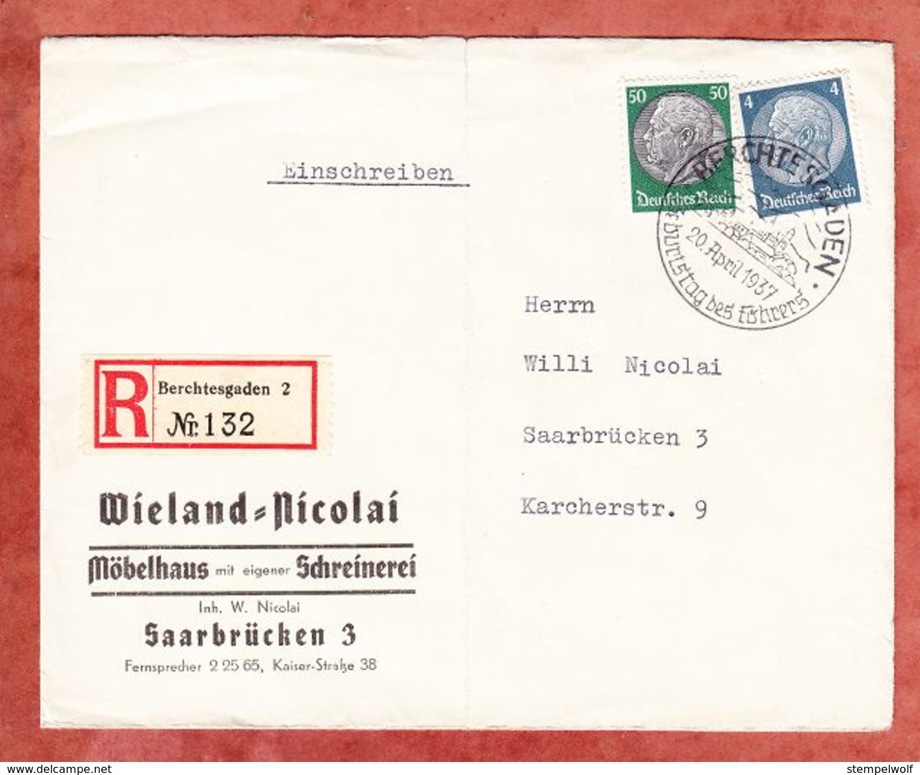 Einschreiben Reco, MiF Hindenburg, SoSt Berchtesgaden, Nach Saarbruecken, AK-Stempel 1937 (48257) - Covers & Documents