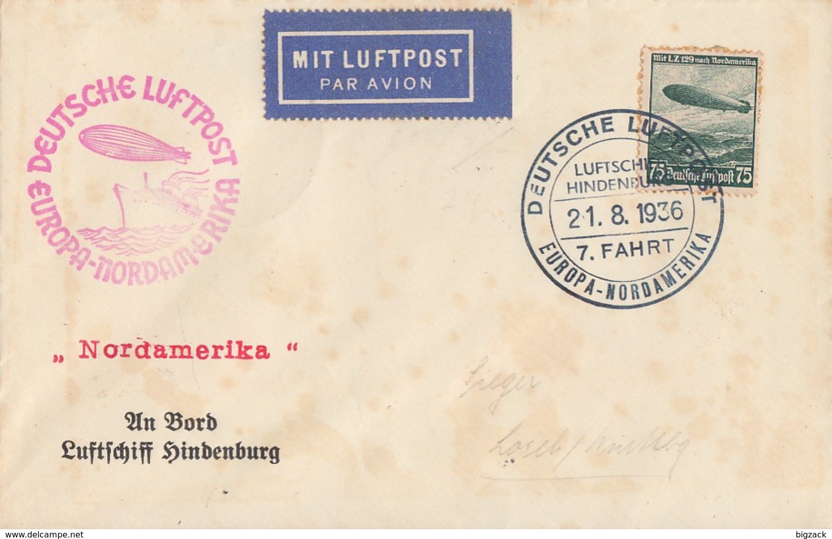 DR Zeppelinbrief EF Minr.607 SST Luftschiff Hindenburg 21.8.36 - Briefe U. Dokumente