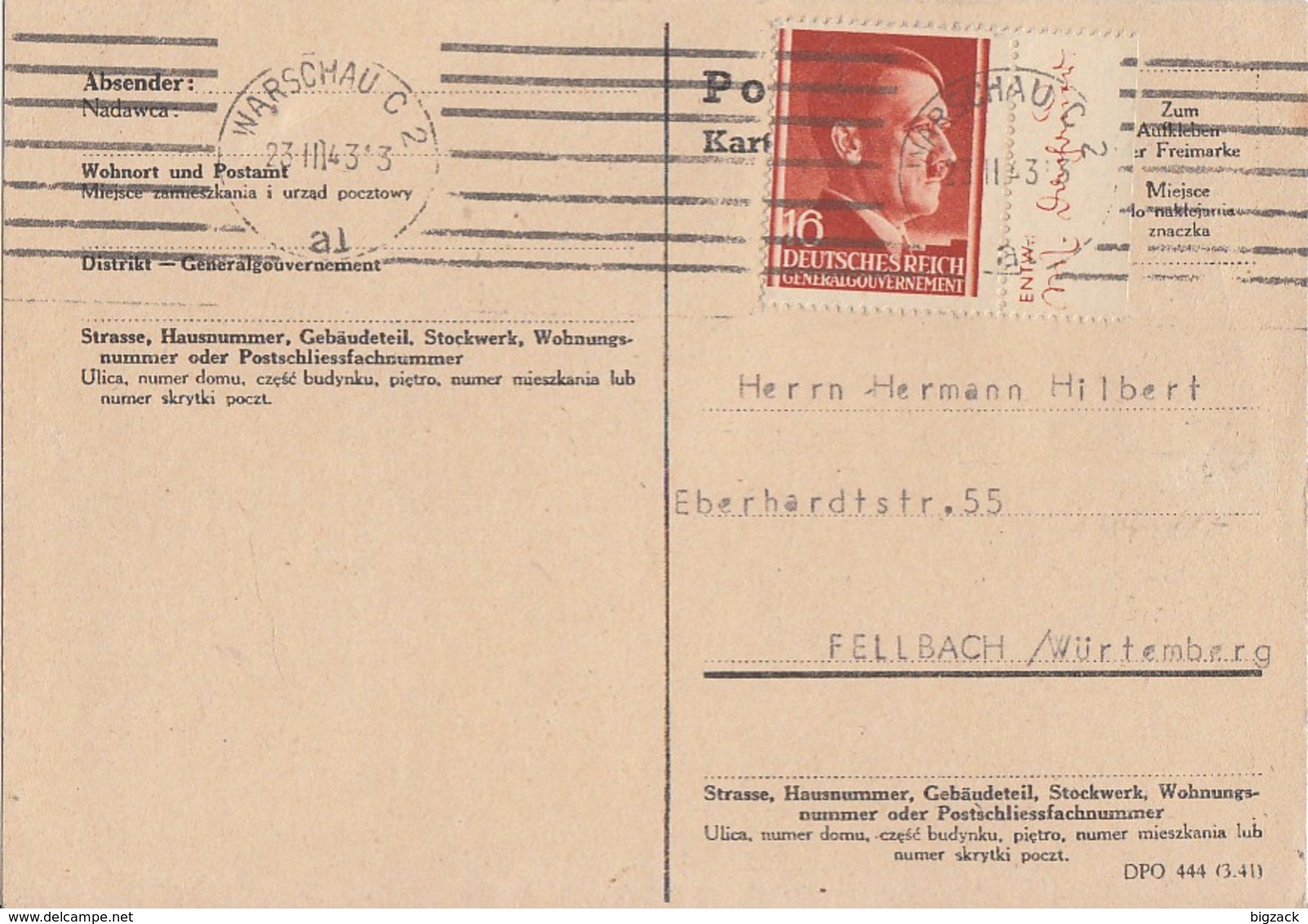 GG Karte EF Minr.76 SR Warschau 23.3.43 - Besetzungen 1938-45