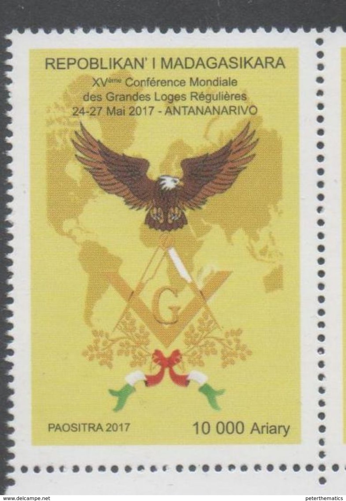 MADAGASCAR, 2017, MNH, FREEMANSONRY, MASONS, 25TH WORLD FREEMASONS CONGRESS, ANTANANARIVO, BIRDS, EAGLES, SCARCE, 1v - Freemasonry