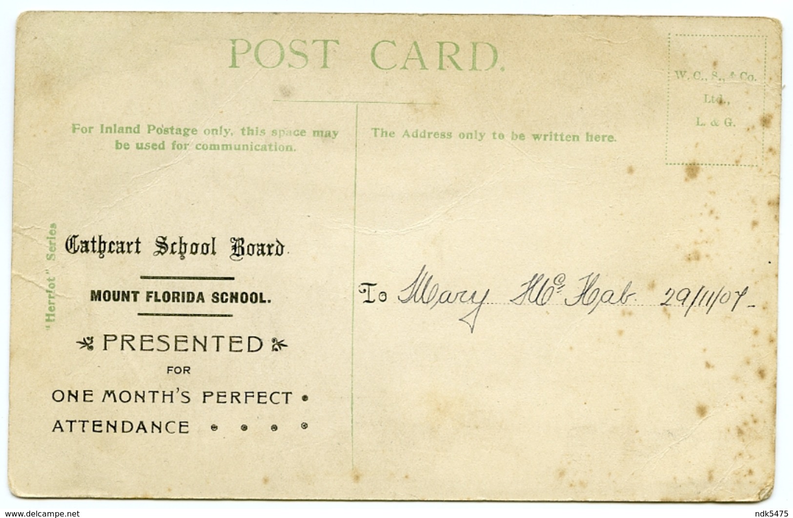 GLASGOW : CATHCART - MOUNT FLORIDA SCHOOL - ATTENDANCE CARD, 1907 / ROUGH COLLIE DOG - Lanarkshire / Glasgow