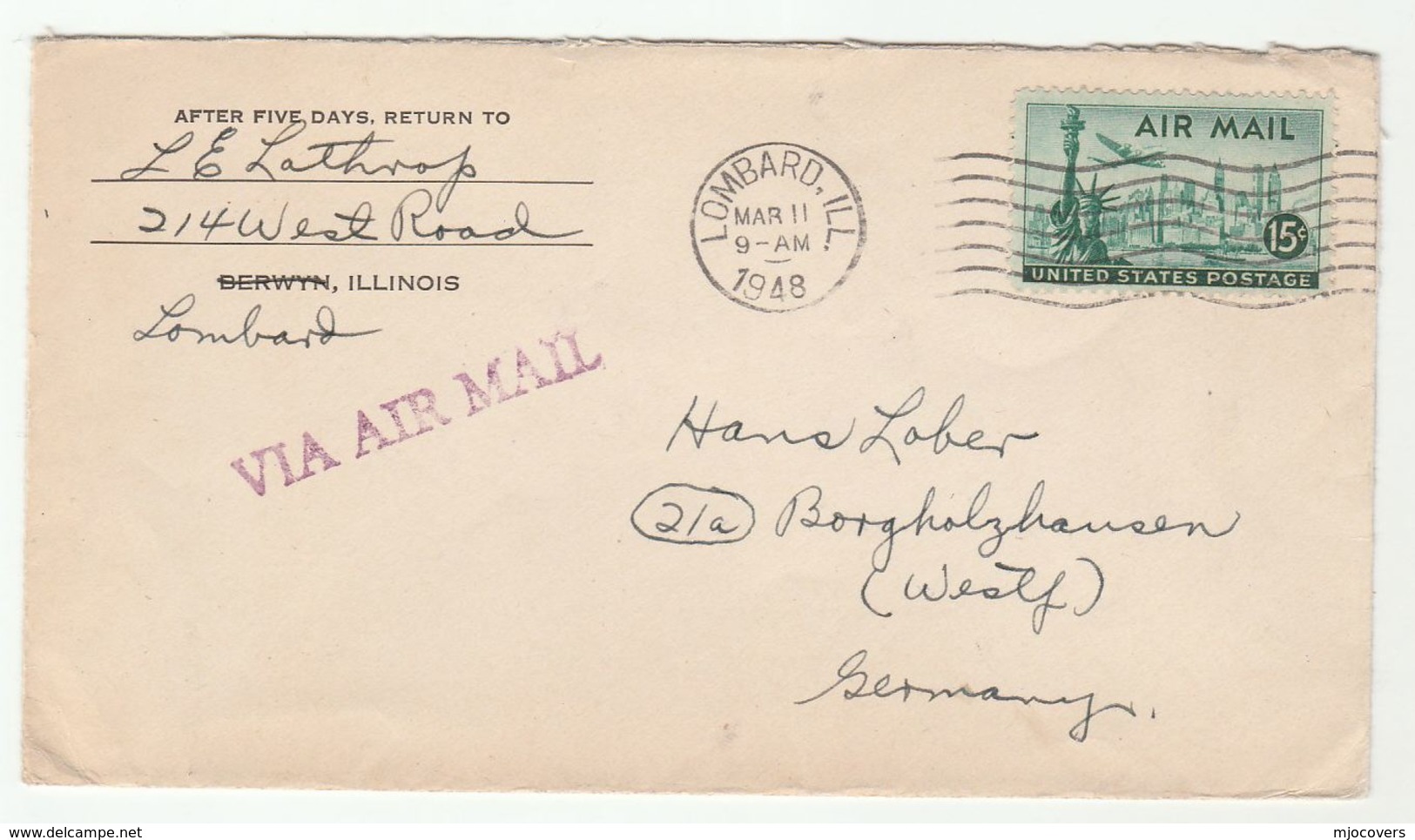 1948  Air Mail USA Stamps COVER Lombard Ill To Germany Aviation Stamps - Covers & Documents