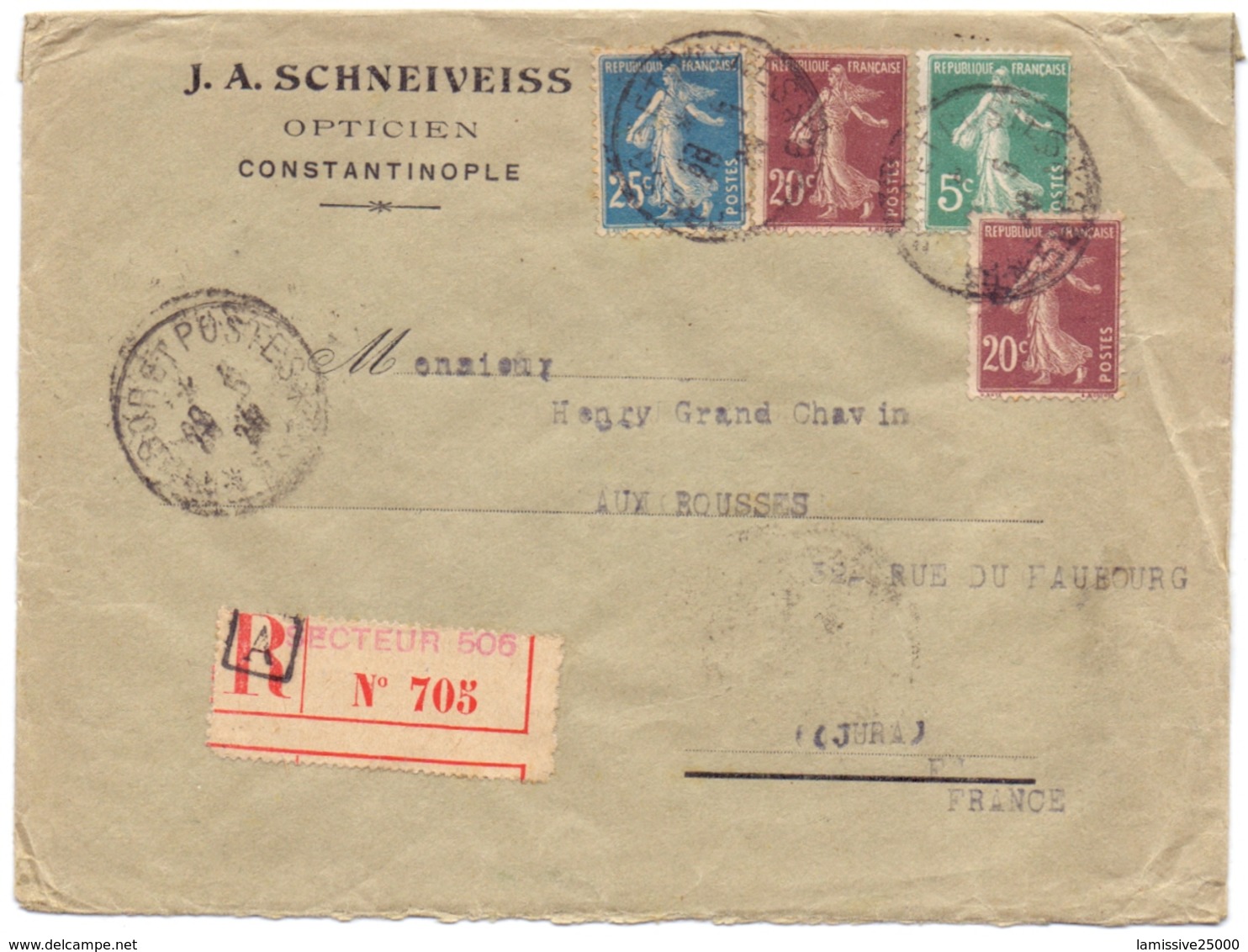 Lettre Recommandée Semeuse De Contantinople Turquie Tresor Et Poste 506 Pour Le Jura - 1921-1960: Période Moderne
