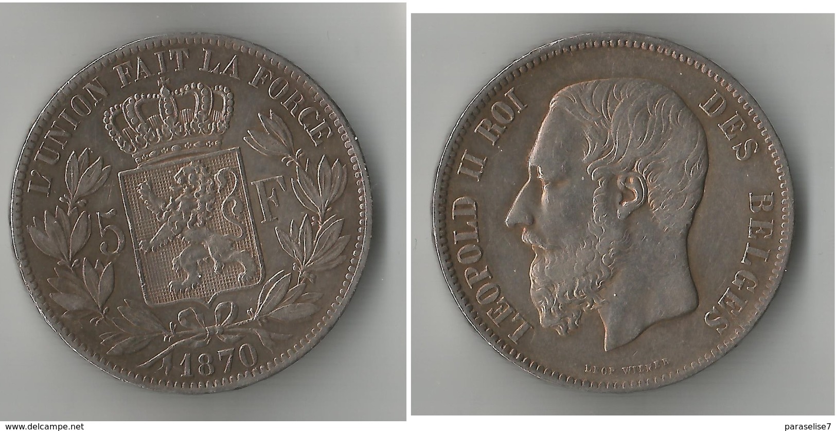 BELGIQUE  5   FRANCS 1870  ARGENT - 5 Francs