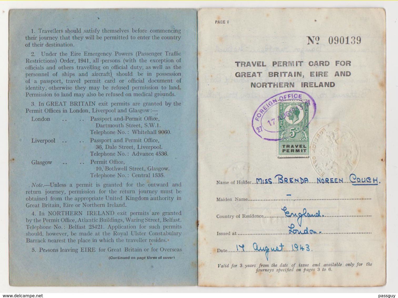 GRANDE BRETAGNE Titre De Voyage (Passeport) – 1943 UNITED KINGDOM Travel Permit (Passport) – Reisepaß - Revenues - Documents Historiques