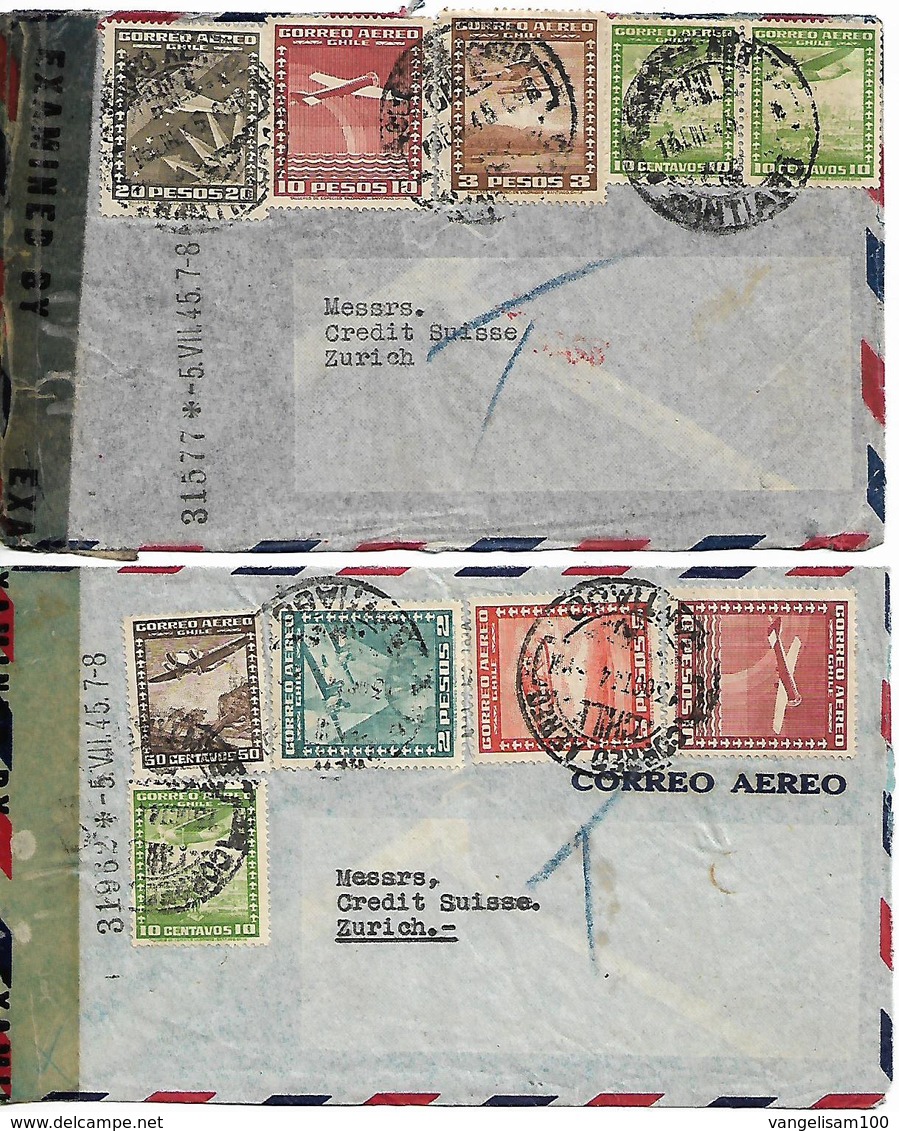 CHILE Two Censored Covers Posted 10 Airmail Stamps COVER USED - Chile