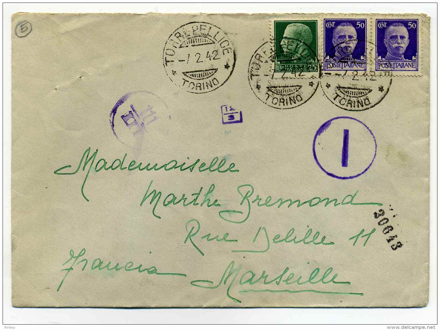 Lettre   CENSURA  De TORREPELLICE   TORINO  /  WW2 /  1942 /  Pour La France - Marcophilie