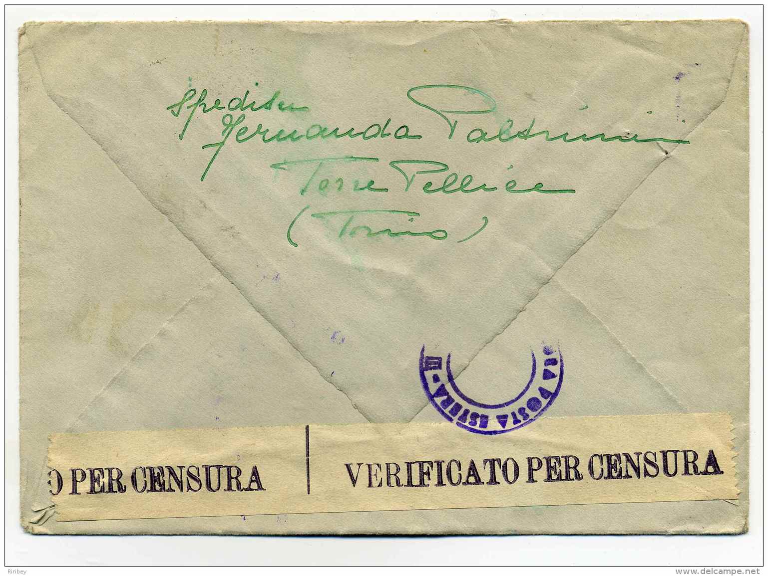 Lettre   CENSURA  De TORREPELLICE   TORINO  /  WW2 /  1942 /  Pour La France - Marcophilie