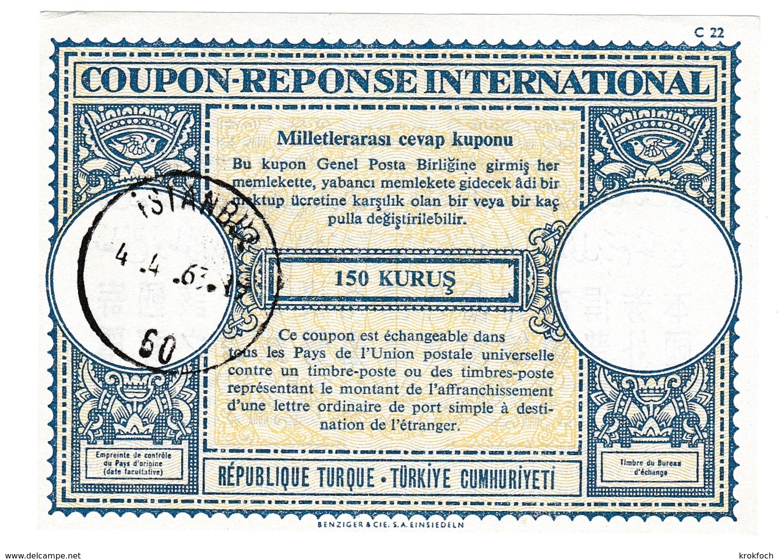 Coupon-réponse 150 Kurus - Istanbul 1963 - C 22 - Turquie Turkiye - IRC CRI IAS - Entiers Postaux