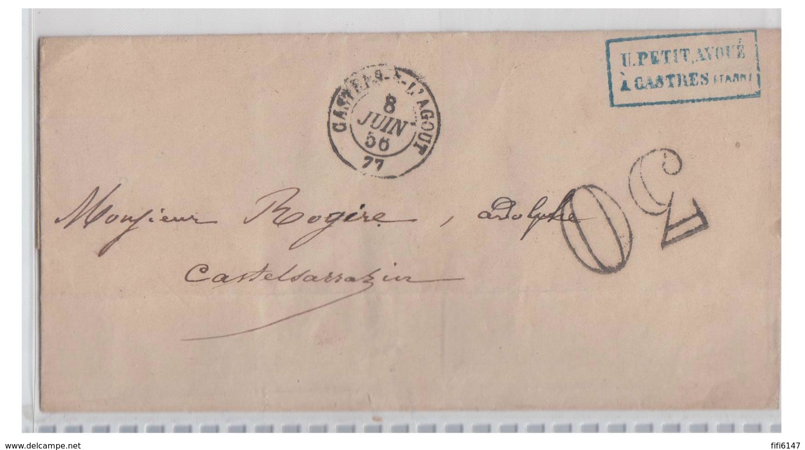 FRANCE -- TARN -- LETTRE DE 1856 DE CASTRES/AGOUT -- TAXE AU TAMPON "30" - 1849-1876: Klassik