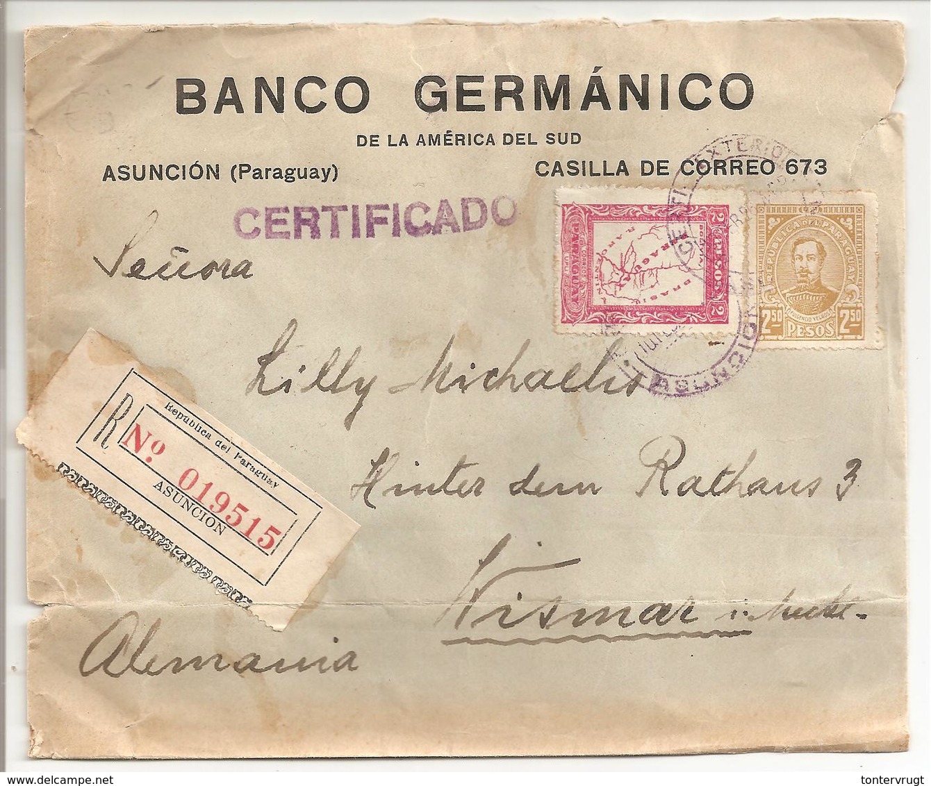 Certificado-Registered-Recommandé.Asuncion>Deutschland Wismar 1928 - Paraguay