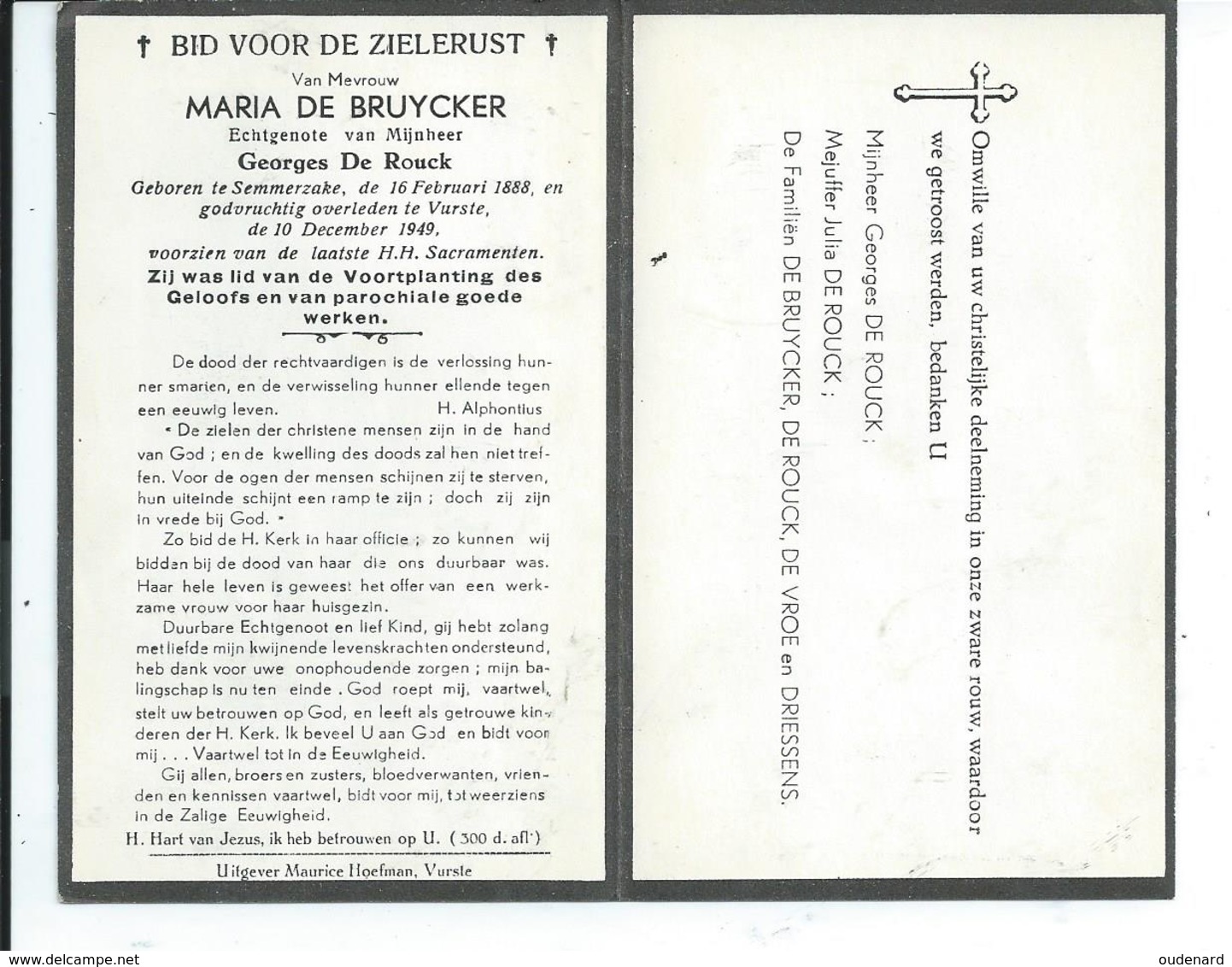B.P. SEMMERZAKE DE BRUYCKER MARIA 1888 - 1949 VURSTE - Religion & Esotérisme