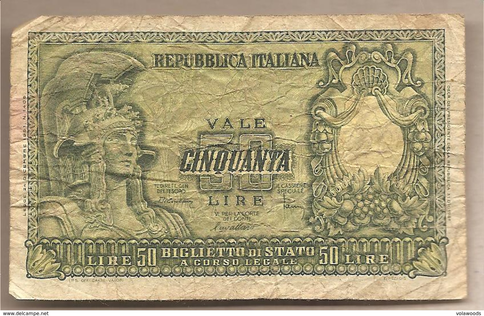 Italia - Banconota Circolata Da 50 Lire "Italia Elmata" P-91b - 1951 - 50 Lire