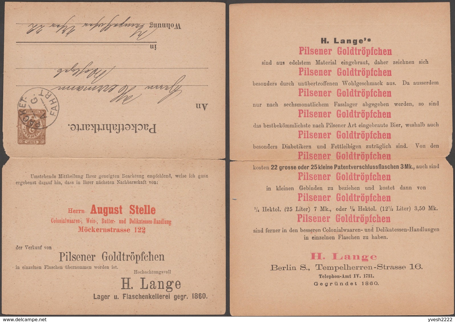 Berlin 1894. Privatganzsache, Entier Postal TSC. H. Lange, Bière « Goldtröpfchen », Gouttelettes D'or, Diabète, Obésité - Bières