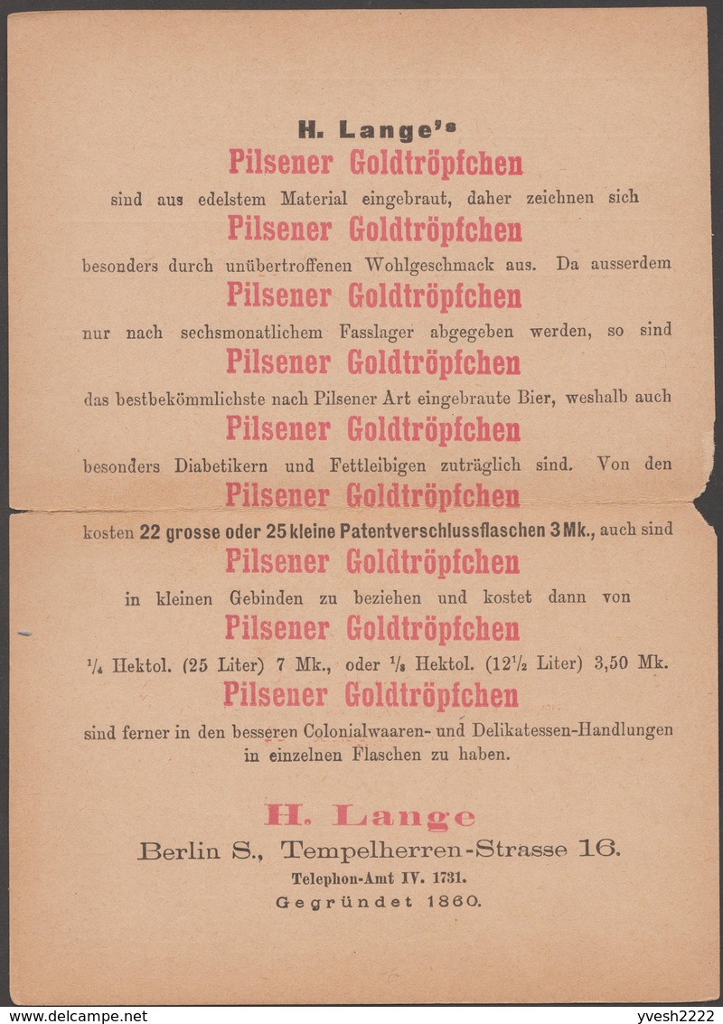 Berlin 1894. Privatganzsache, Entier Postal TSC. H. Lange, Bière « Goldtröpfchen », Gouttelettes D'or, Diabète, Obésité - Bières