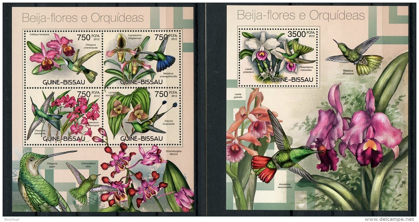 Guinea Bissau, 2012, Hummingbirds, Birds, Animals, Orchids, Fauna, Flora, MNH, Michel 6022-6025, Block 1067 - Guinée-Bissau