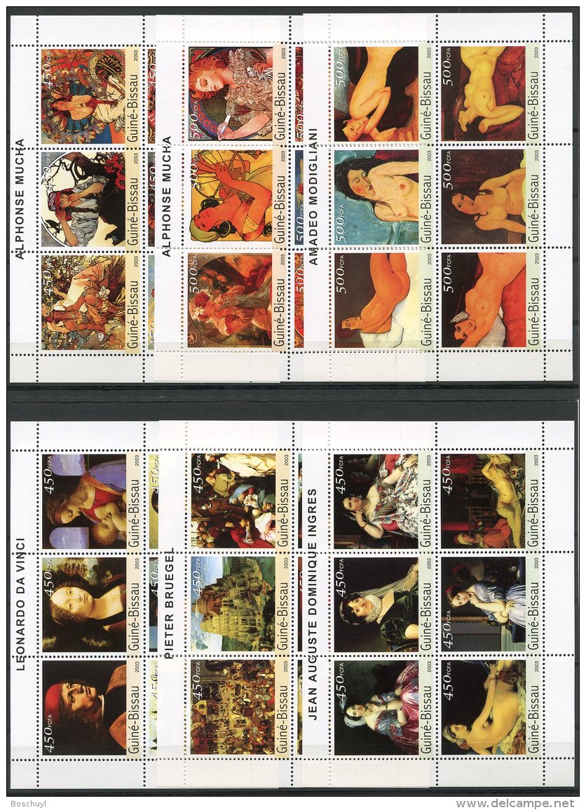 Guinea Bissau, 2003, Paintings, Da Vinci, Bruegel, Ingres, Mucha, Modigliani, MNH, Michel 2531-2566, Block 436-440 - Guinée-Bissau