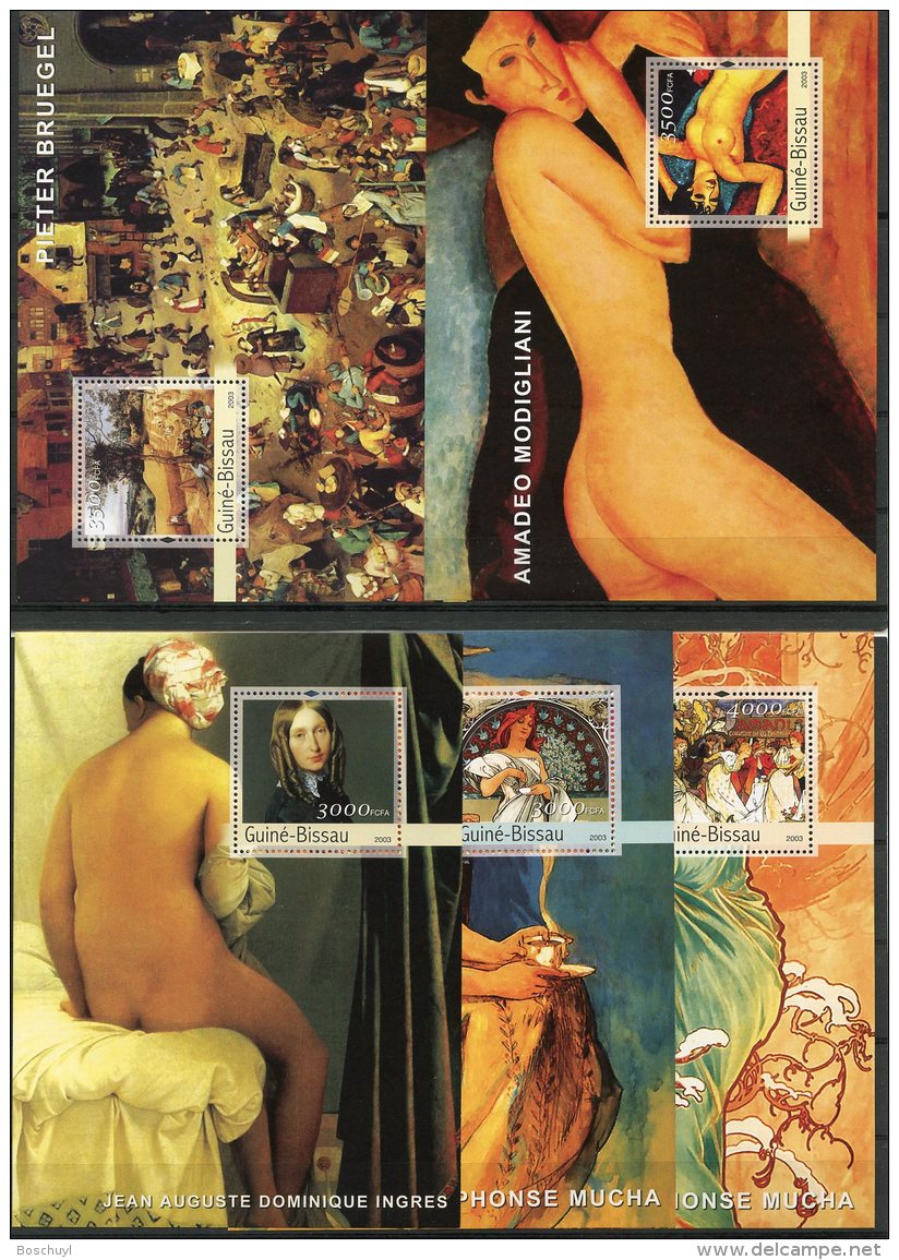 Guinea Bissau, 2003, Paintings, Da Vinci, Bruegel, Ingres, Mucha, Modigliani, MNH, Michel 2531-2566, Block 436-440 - Guinea-Bissau