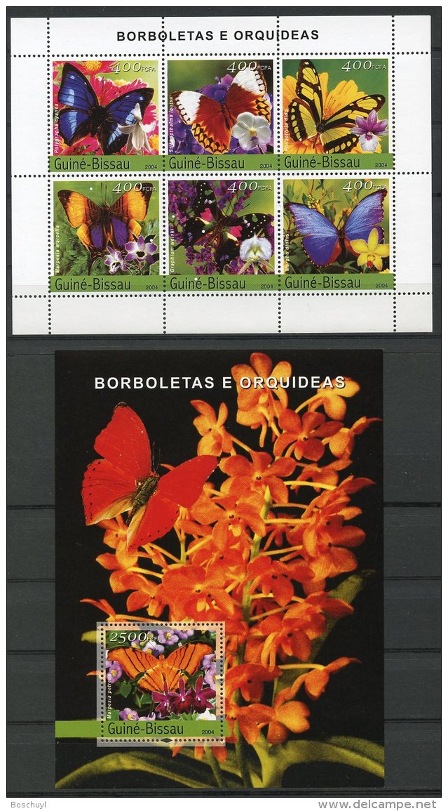Guinea Bissau, 2004, Butterflies, Flowers, Insects, Flora, Fauna, Animals, MNH, Michel 2727-2732, Block 458 - Guinée-Bissau