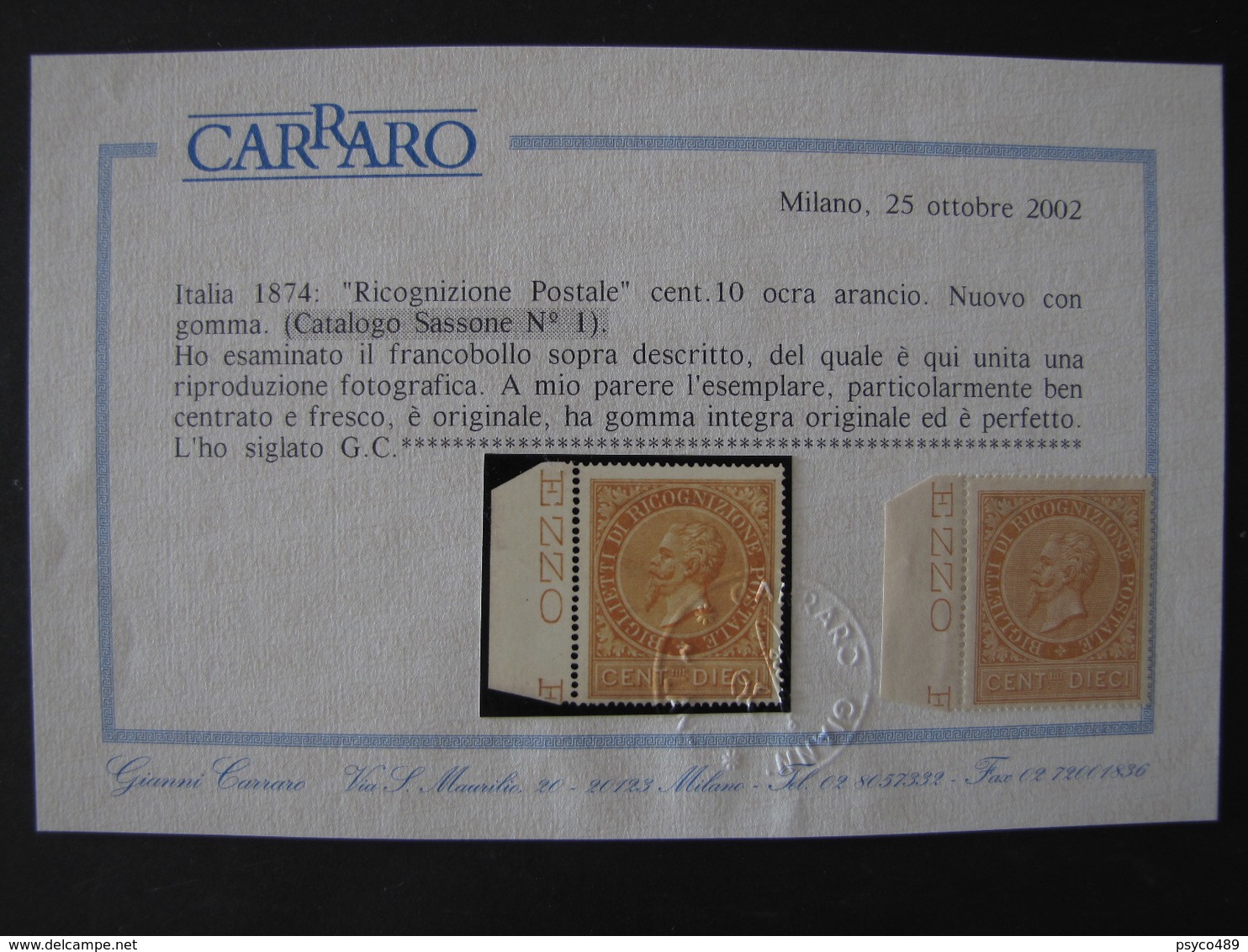 ITALIA Regno Ricognizione Postale-1874- "Effigie" C. 10 MNH** Cert. Carraro (descrizione) - Servizi