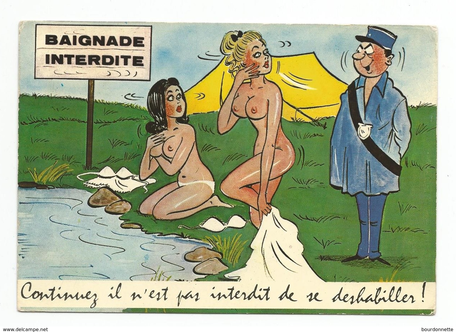 Baignade Interdite. Continuez Il N'es Pas Interdit... Gendarme Pin Up Nues Camping Sauvage (série Camping N°465 Lyna) - Humor