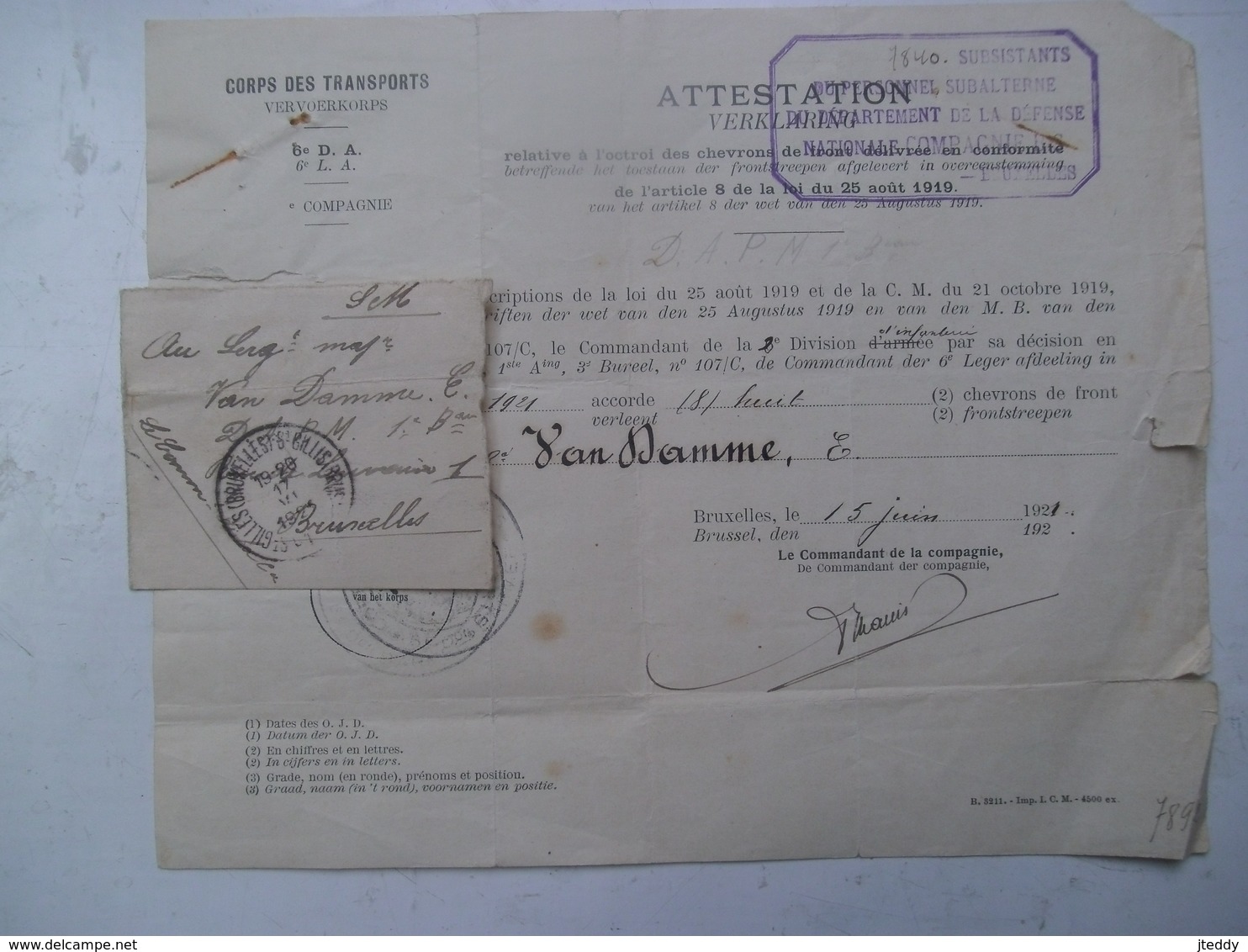 Corps DES TRANSPORTS  A    VAN  DAMME  E.     ATTESTATION  1921 - 1939-45